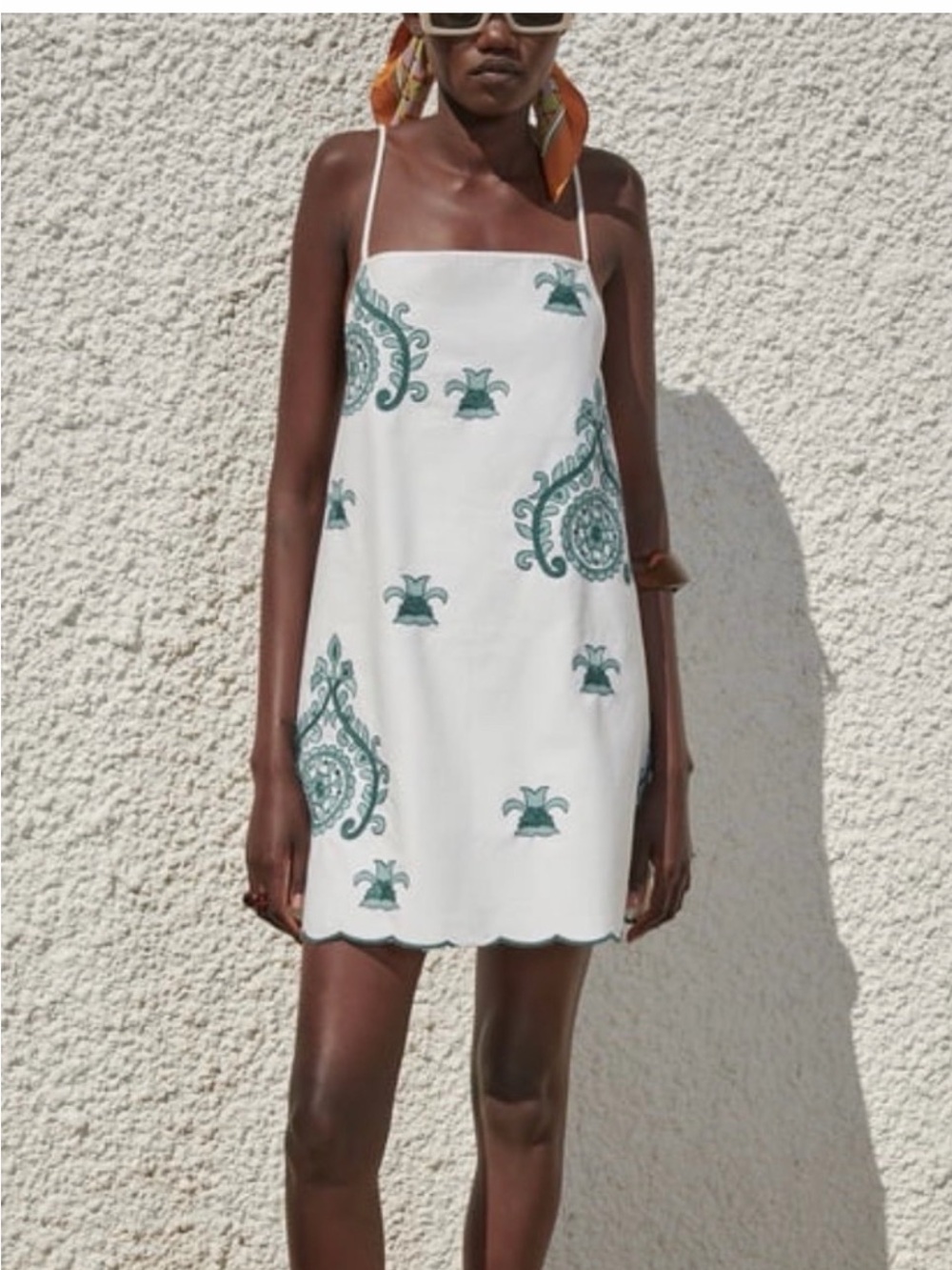 Zara White Mini Dress with Green Paisley Motif
